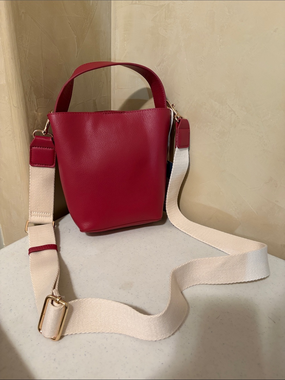 Universal Thread Red Leather Bucket Crossbody with Cream Strap